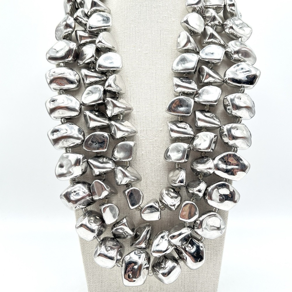 Vintage Heavy Silver Tone Acrylic Pebble 3 Strand Necklace 16" Brutalist Y2K